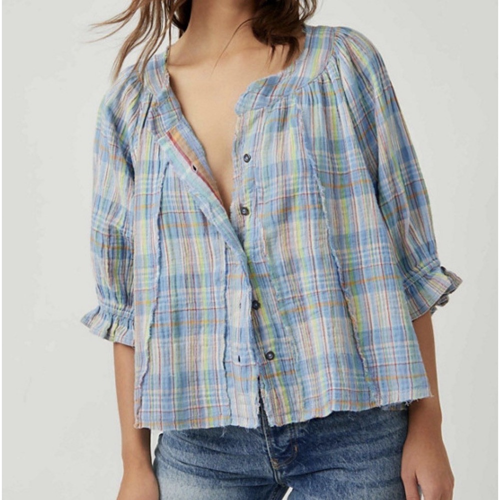 We The Free People Lucy Swing Plaid Top Blouse Blue Boho 3/4 Sleeve Size L